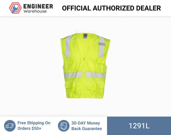 ML Kishigo Class 2 Vests 6 Pocket Zipper Solid Vest - Large-XLarge - Lime - 1291L