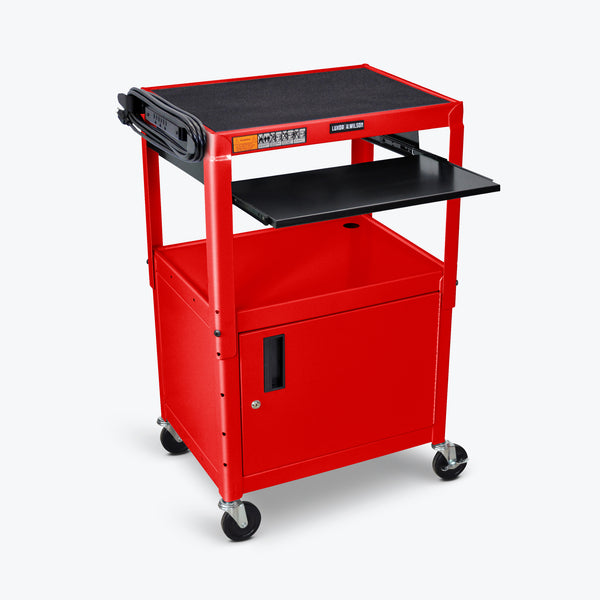 Luxor Adjustable Height Metal AV Cart w/ Pullout Keyboard Tray & Cabinet 24"W x 18"D x 24" to 42"H (Red) - AVJ42KBC-RD