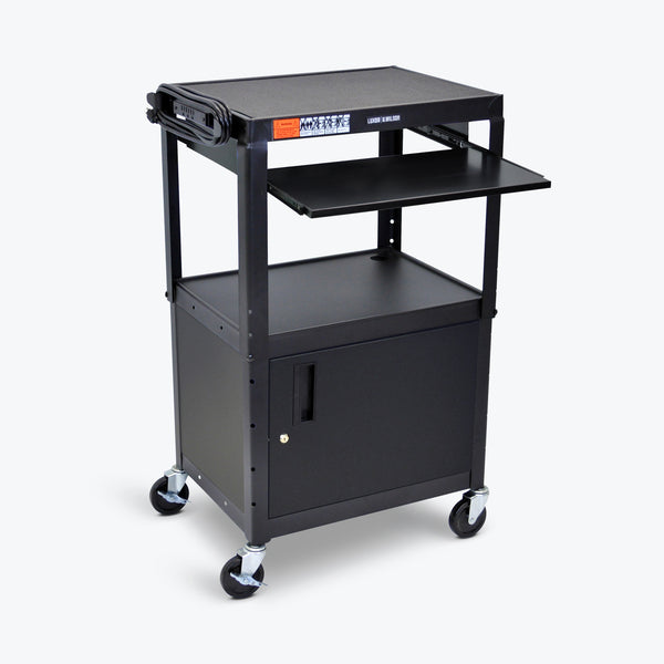 Luxor Adjustable Height Metal AV Cart w/ Pullout Keyboard Tray & Cabinet 24"W x 18"D x 24" to 42"H (Black) - AVJ42KBC