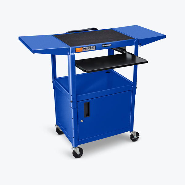 Luxor Adjustable Height Metal AV Cart w/ Pullout Keyboard Tray, Cabinet & 2 Drop Leaf Shelves 24"W x 18"D x 24" to 42"H (Royal Blue) - AVJ42KBCDL-RB