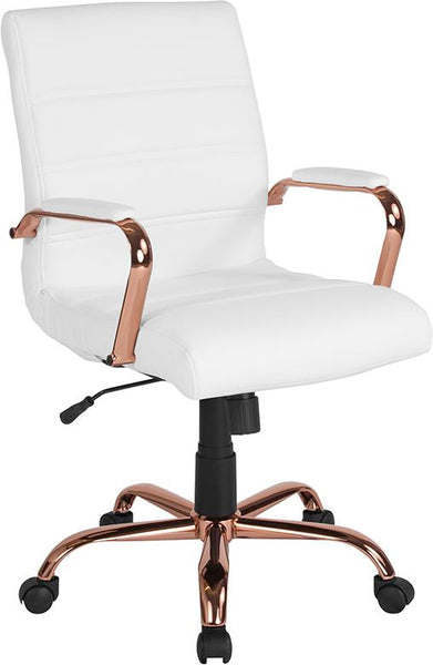 Flash Furniture Mid-Back White Leather Executive Swivel Chair with Rose Gold Frame and Arms - GO-2286M-WH-RSGLD-GG
