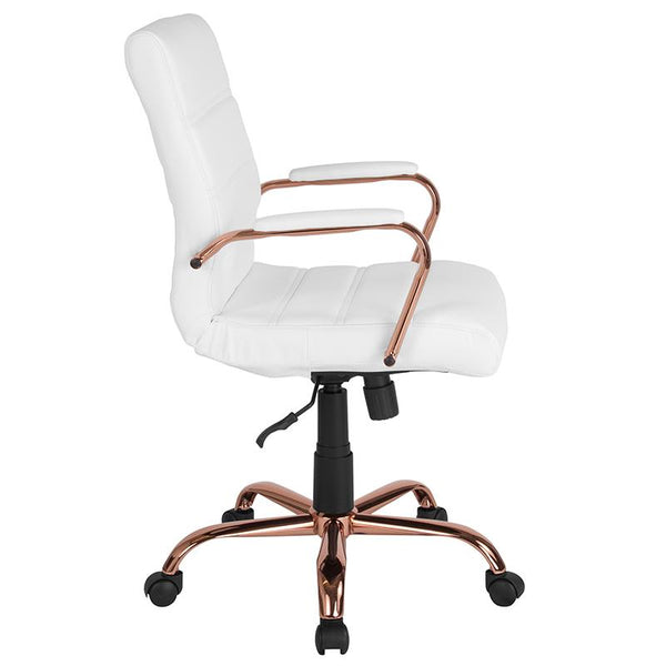 Flash Furniture Mid-Back White Leather Executive Swivel Chair with Rose Gold Frame and Arms - GO-2286M-WH-RSGLD-GG