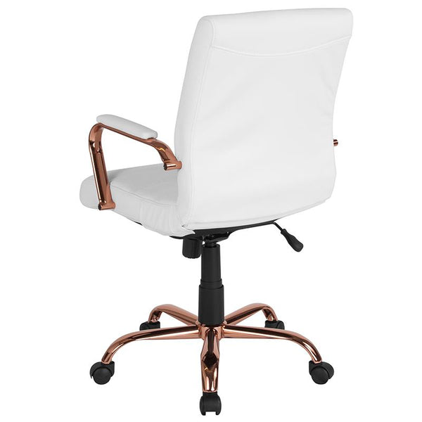 Flash Furniture Mid-Back White Leather Executive Swivel Chair with Rose Gold Frame and Arms - GO-2286M-WH-RSGLD-GG