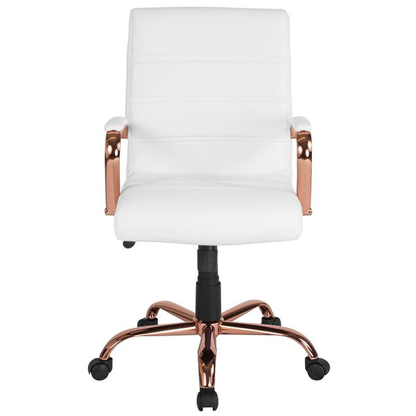 Flash Furniture Mid-Back White Leather Executive Swivel Chair with Rose Gold Frame and Arms - GO-2286M-WH-RSGLD-GG
