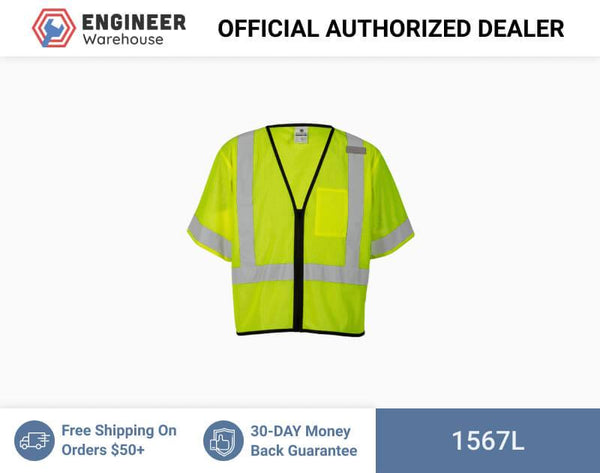 ML Kishigo Class 3 Vests Single Pocket Zipper Vest- Economy - Large-XLarge - Lime - 1567L