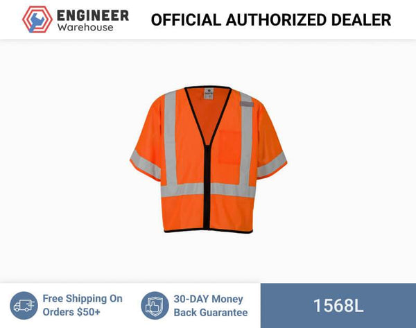 ML Kishigo Class 3 Vests Single Pocket Zipper Vest- Economy - Large-XLarge - Orange - 1568L
