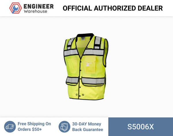 ML Kishigo Surveyor Vests High Performance Surveyors Snap Vest- Class 2 - XLarge - Lime - S5006X