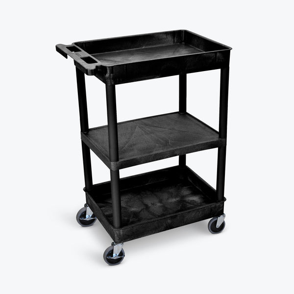 Luxor 24" x 18" 3-Shelf Tub Cart with Flat Middle, Tub Top & Bottom (Black) - STC121-B