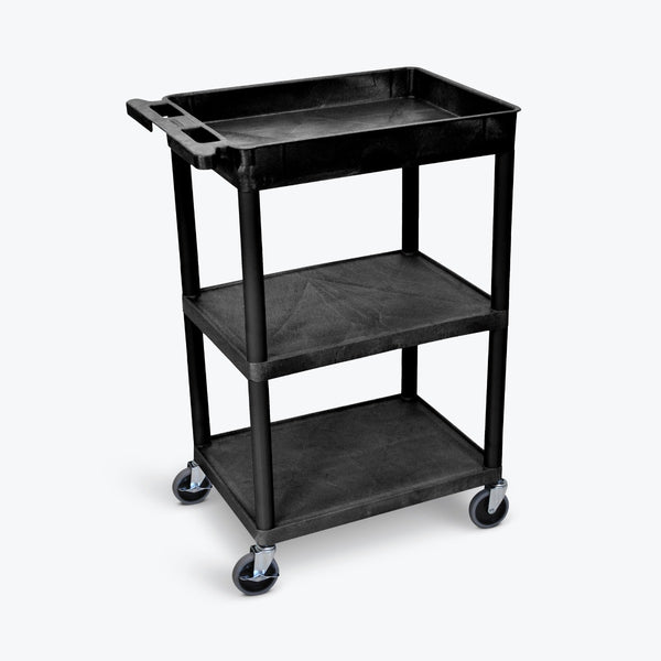 Luxor 24" x 18" 3-Shelf Tub Cart with Tub Top, Flat Middle & Bottom Shelves (Black) - STC122-B