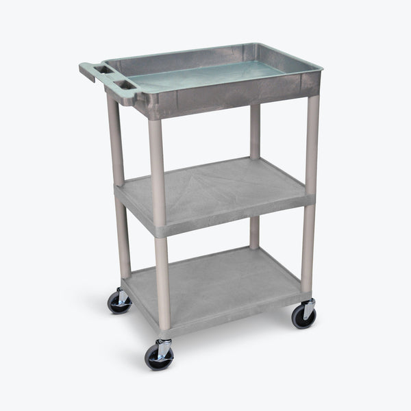 Luxor 24" x 18" 3-Shelf Tub Cart with Tub Top, Flat Middle & Bottom Shelves (Gray) - STC122-G