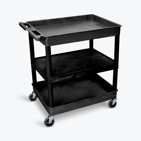 Luxor 32" x 24" 3-Shelf Large Tub Cart with Tub Top & Bottom Shelves, Flat Middle (Black) - TC121-B