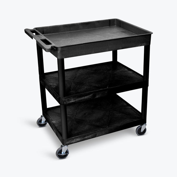 Luxor 32" x 24" 3-Shelf Large Tub Cart with Tub Top, Flat Middle & Bottom Shelves (Black) - TC122-B