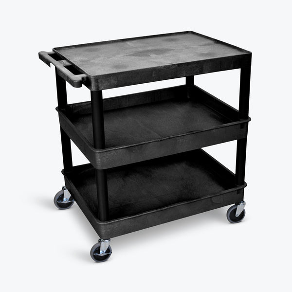 Luxor 32" x 24" 3-Shelf Large Tub Cart with Flat Top, Tub Middle & Bottom Shelves (Black) - TC211-B