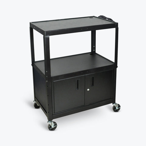 Luxor Extra Wide Steel Adjustable Height AV Cart w/ Cabinet 32"W x 20"D x 24" to 42H (Black) - AVJ42XLC