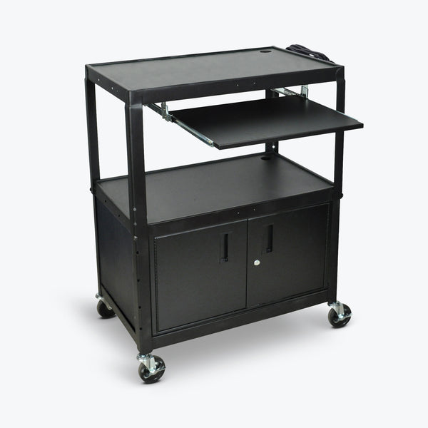 Luxor Extra Large Adjustable Height Steel AV Cart w/ Keyboard Shelf & Cabinet 32"W x 20"D x 24" to 42"H (Black) - AVJ42XLKBC