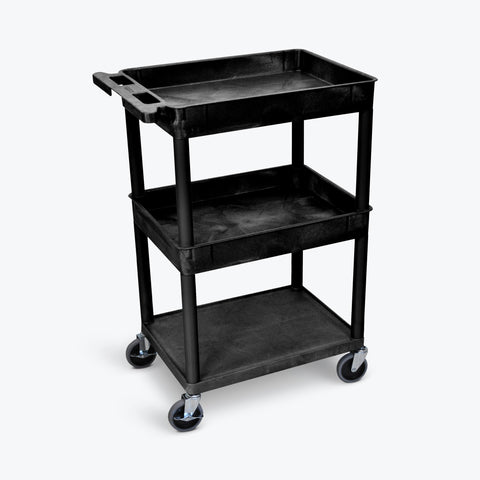 Luxor 24"W x 18"D 3-Shelf Tub Cart with Flat Bottom, Tub Top and Middle (Black) - STC112-B