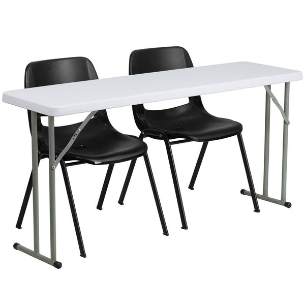 Flash Furniture 18'' x 60'' Plastic Folding Training Table Set with 2 Black Plastic Stack Chairs - RB-1860-2-GG