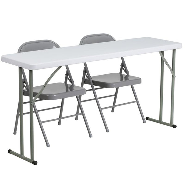 Flash Furniture 18'' x 60'' Plastic Folding Training Table Set with 2 Gray Metal Folding Chairs - RB-1860-1-GG