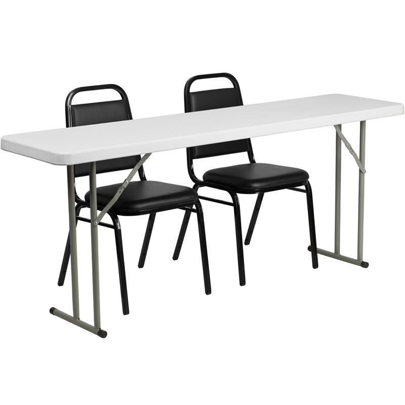 Flash Furniture 18'' x 72'' Plastic Folding Training Table Set with 2 Trapezoidal Back Stack Chairs - RB-1872-2-GG