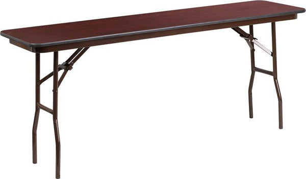 Flash Furniture 18'' x 72'' Rectangular Mahogany Melamine Laminate Folding Training Table - YT-1872-MEL-WAL-GG