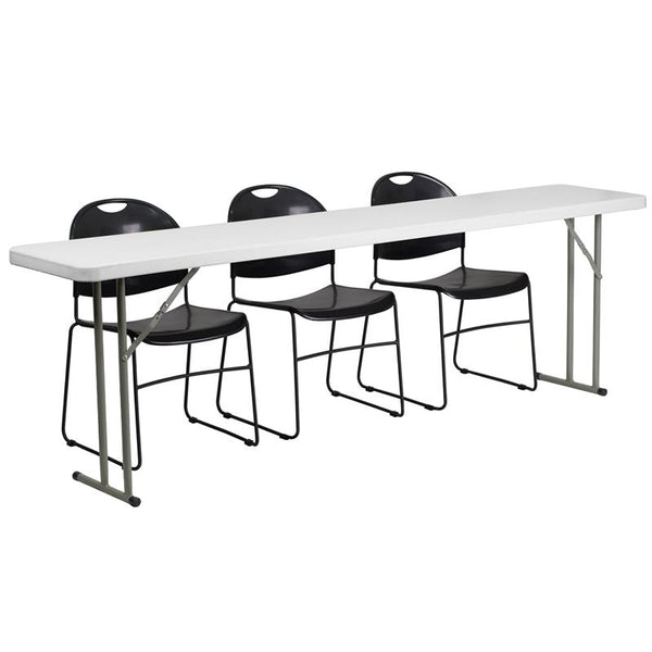 Flash Furniture 18'' x 96'' Plastic Folding Training Table Set with 3 Black Plastic Stack Chairs - RB-1896-1-GG