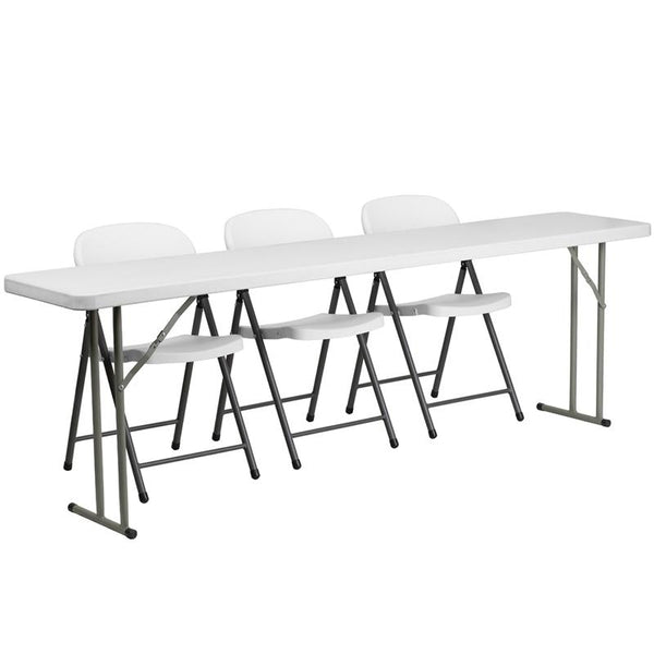 Flash Furniture 18'' x 96'' Plastic Folding Training Table Set with 3 White Plastic Folding Chairs - RB-1896-2-GG