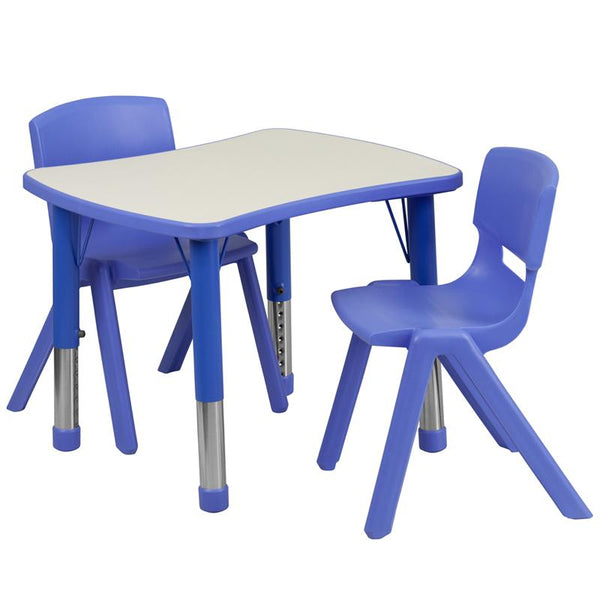 Flash Furniture 21.875''W x 26.625''L Rectangular Blue Plastic Height Adjustable Activity Table Set with 2 Chairs - YU-YCY-098-0032-RECT-TBL-BLUE-GG
