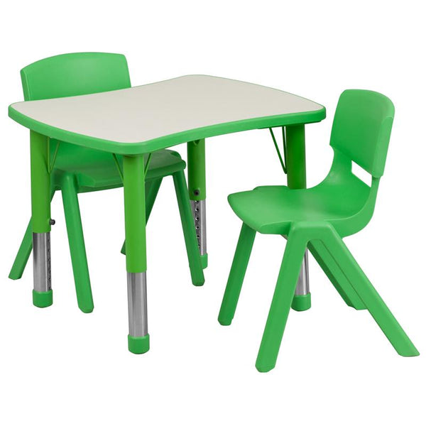 Flash Furniture 21.875''W x 26.625''L Rectangular Green Plastic Height Adjustable Activity Table Set with 2 Chairs - YU-YCY-098-0032-RECT-TBL-GREEN-GG