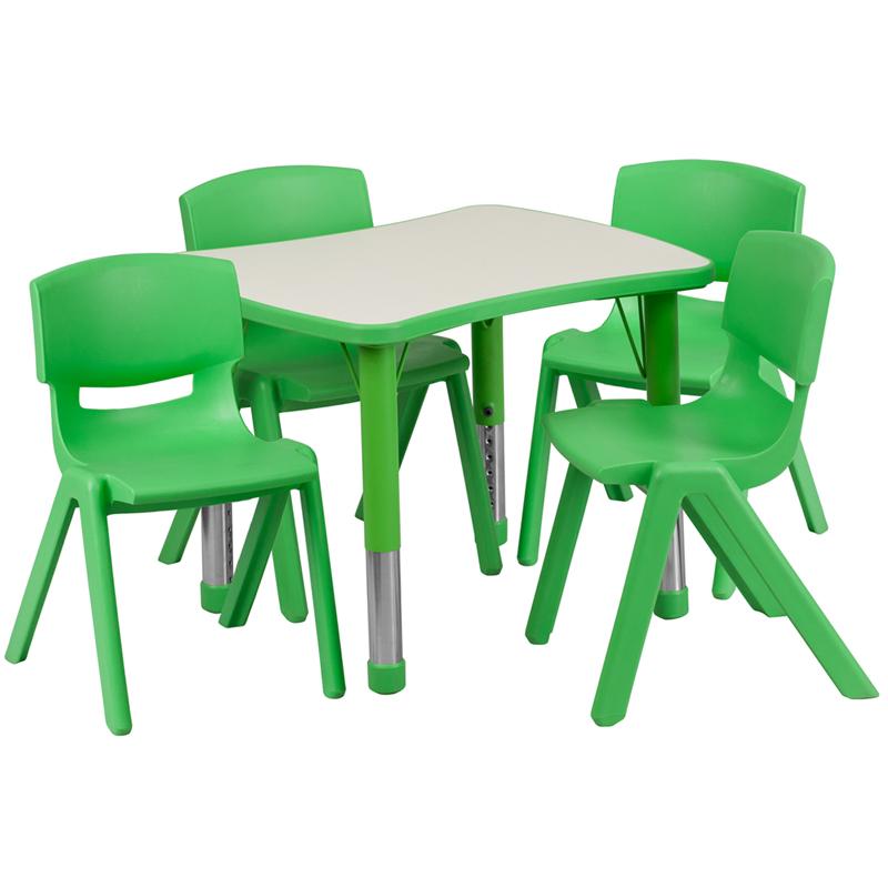 Flash Furniture 21.875''W x 26.625''L Rectangular Green Plastic Height Adjustable Activity Table Set with 4 Chairs - YU-YCY-098-0034-RECT-TBL-GREEN-GG