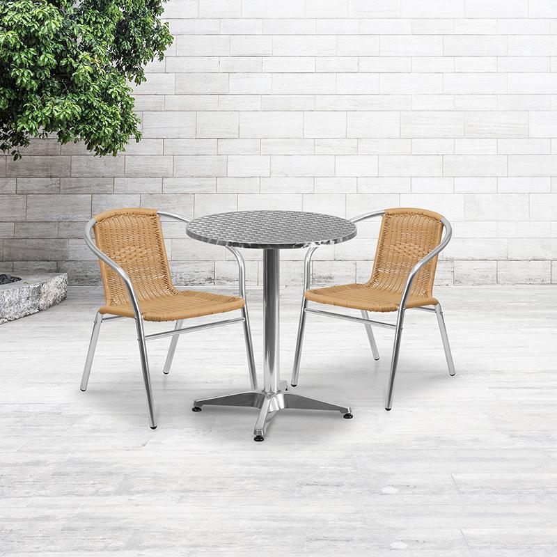 Flash Furniture 23.5'' Round Aluminum Indoor-Outdoor Table Set with 2 Beige Rattan Chairs - TLH-ALUM-24RD-020BGECHR2-GG