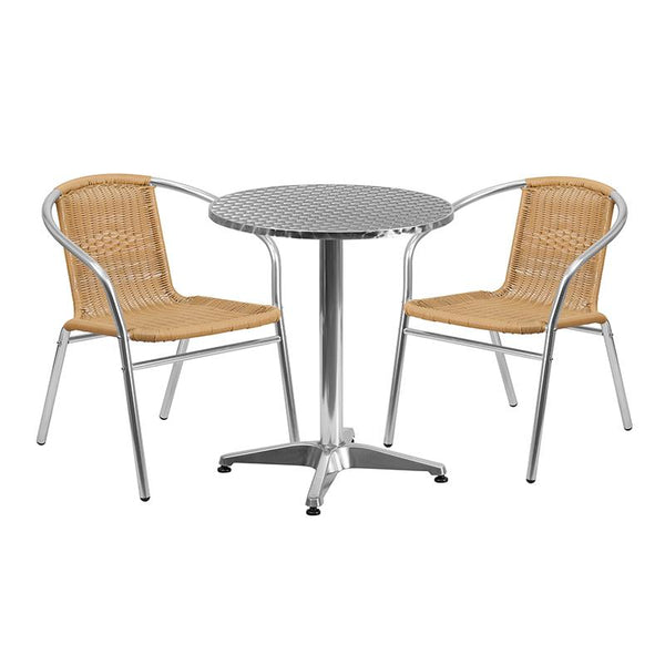 Flash Furniture 23.5'' Round Aluminum Indoor-Outdoor Table Set with 2 Beige Rattan Chairs - TLH-ALUM-24RD-020BGECHR2-GG