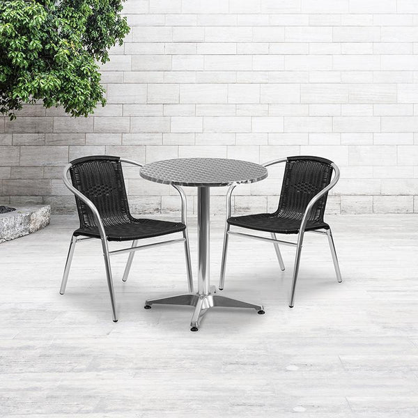 Flash Furniture 23.5'' Round Aluminum Indoor-Outdoor Table Set with 2 Black Rattan Chairs - TLH-ALUM-24RD-020BKCHR2-GG