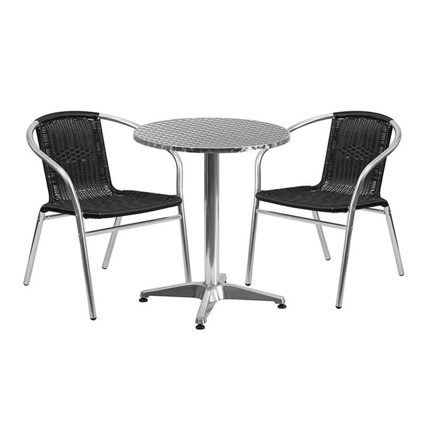 Flash Furniture 23.5'' Round Aluminum Indoor-Outdoor Table Set with 2 Black Rattan Chairs - TLH-ALUM-24RD-020BKCHR2-GG