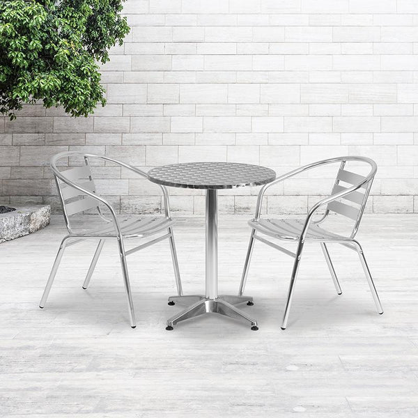 Flash Furniture 23.5'' Round Aluminum Indoor-Outdoor Table Set with 2 Slat Back Chairs - TLH-ALUM-24RD-017BCHR2-GG