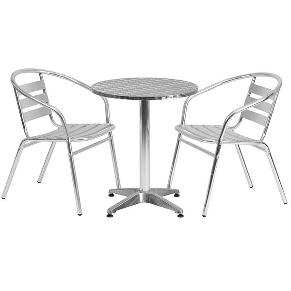 Flash Furniture 23.5'' Round Aluminum Indoor-Outdoor Table Set with 2 Slat Back Chairs - TLH-ALUM-24RD-017BCHR2-GG