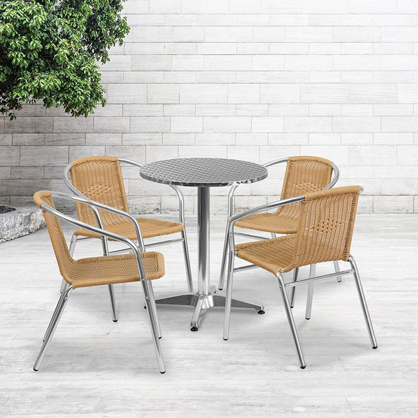 Flash Furniture 23.5'' Round Aluminum Indoor-Outdoor Table Set with 4 Beige Rattan Chairs - TLH-ALUM-24RD-020BGECHR4-GG