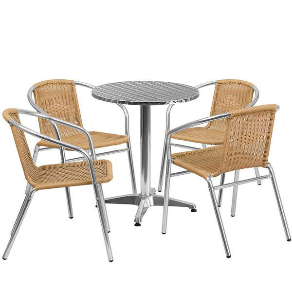 Flash Furniture 23.5'' Round Aluminum Indoor-Outdoor Table Set with 4 Beige Rattan Chairs - TLH-ALUM-24RD-020BGECHR4-GG