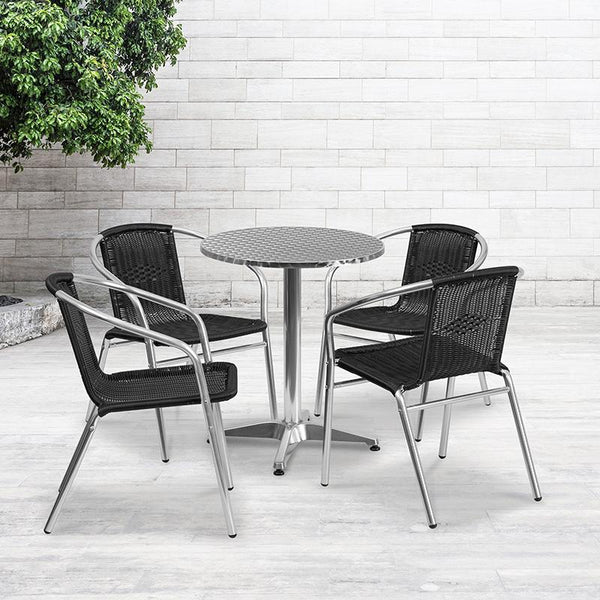 Flash Furniture 23.5'' Round Aluminum Indoor-Outdoor Table Set with 4 Black Rattan Chairs - TLH-ALUM-24RD-020BKCHR4-GG