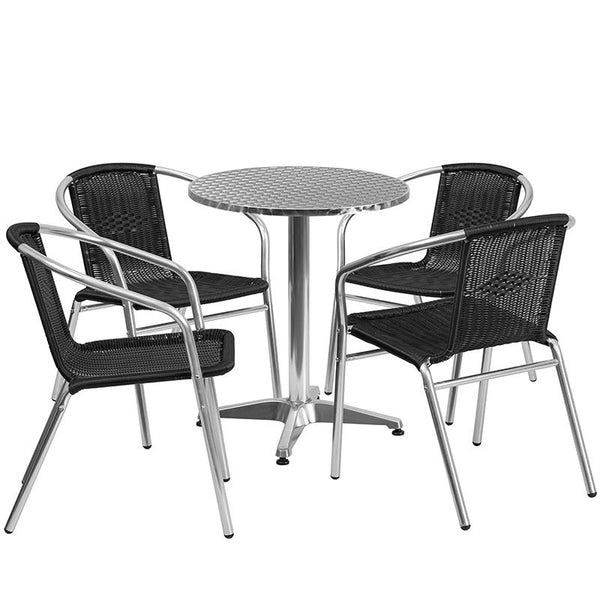 Flash Furniture 23.5'' Round Aluminum Indoor-Outdoor Table Set with 4 Black Rattan Chairs - TLH-ALUM-24RD-020BKCHR4-GG