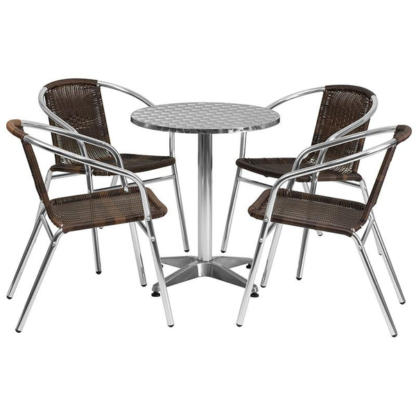 Flash Furniture 23.5'' Round Aluminum Indoor-Outdoor Table Set with 4 Dark Brown Rattan Chairs - TLH-ALUM-24RD-020CHR4-GG