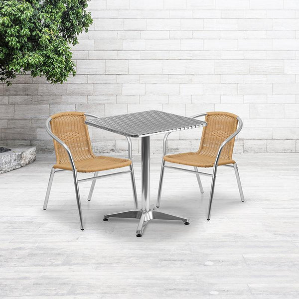 Flash Furniture 23.5'' Square Aluminum Indoor-Outdoor Table Set with 2 Beige Rattan Chairs - TLH-ALUM-24SQ-020BGECHR2-GG