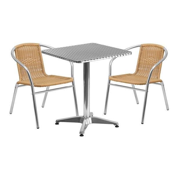 Flash Furniture 23.5'' Square Aluminum Indoor-Outdoor Table Set with 2 Beige Rattan Chairs - TLH-ALUM-24SQ-020BGECHR2-GG