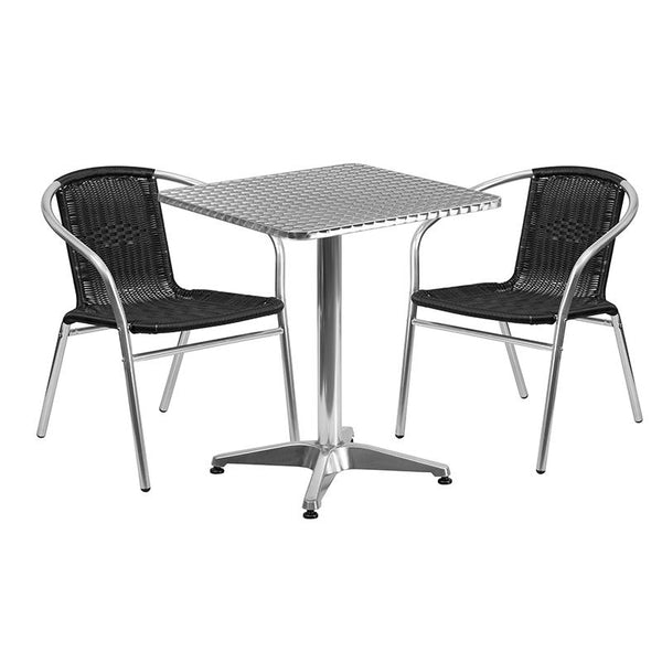 Flash Furniture 23.5'' Square Aluminum Indoor-Outdoor Table Set with 2 Black Rattan Chairs - TLH-ALUM-24SQ-020BKCHR2-GG