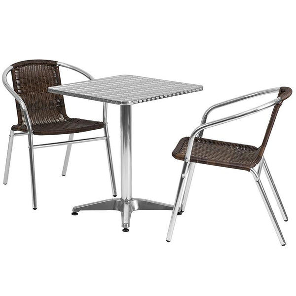 Flash Furniture 23.5'' Square Aluminum Indoor-Outdoor Table Set with 2 Dark Brown Rattan Chairs - TLH-ALUM-24SQ-020CHR2-GG