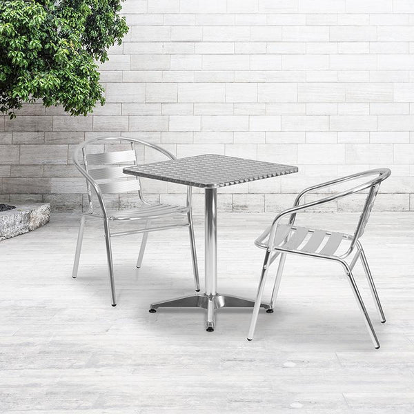 Flash Furniture 23.5'' Square Aluminum Indoor-Outdoor Table Set with 2 Slat Back Chairs - TLH-ALUM-24SQ-017BCHR2-GG