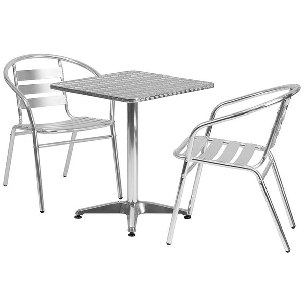 Flash Furniture 23.5'' Square Aluminum Indoor-Outdoor Table Set with 2 Slat Back Chairs - TLH-ALUM-24SQ-017BCHR2-GG