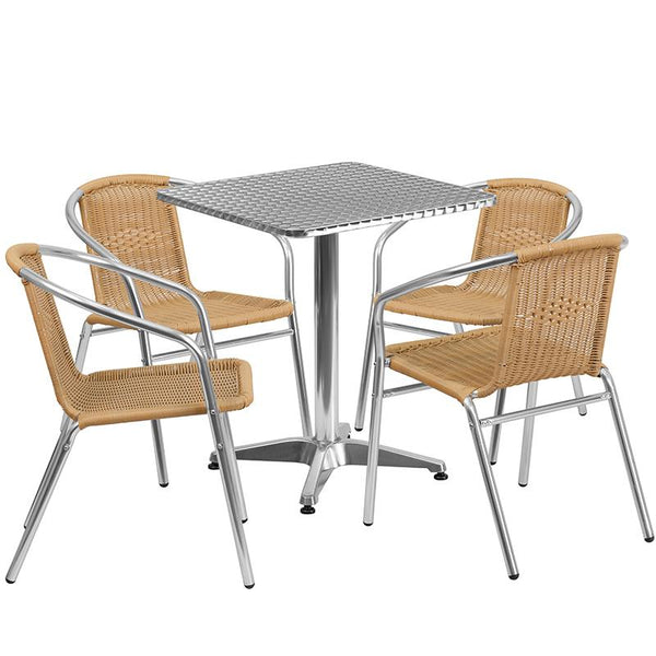 Flash Furniture 23.5'' Square Aluminum Indoor-Outdoor Table Set with 4 Beige Rattan Chairs - TLH-ALUM-24SQ-020BGECHR4-GG