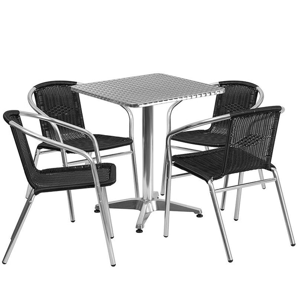 Flash Furniture 23.5'' Square Aluminum Indoor-Outdoor Table Set with 4 Black Rattan Chairs - TLH-ALUM-24SQ-020BKCHR4-GG