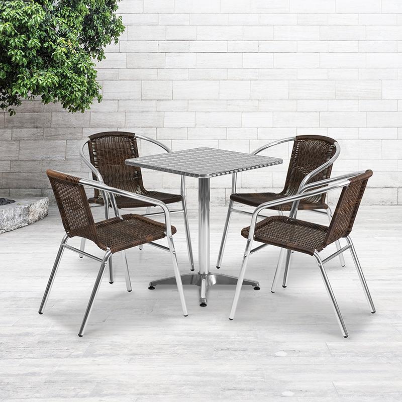 Flash Furniture 23.5'' Square Aluminum Indoor-Outdoor Table Set with 4 Dark Brown Rattan Chairs - TLH-ALUM-24SQ-020CHR4-GG