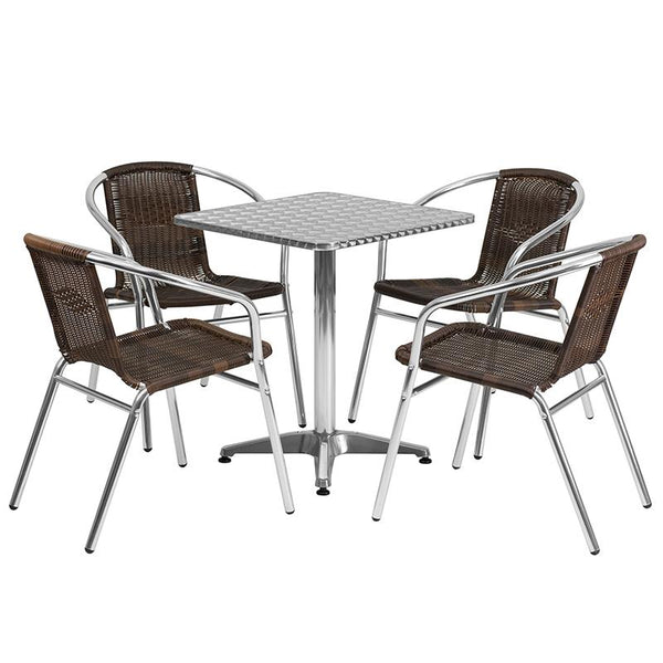 Flash Furniture 23.5'' Square Aluminum Indoor-Outdoor Table Set with 4 Dark Brown Rattan Chairs - TLH-ALUM-24SQ-020CHR4-GG